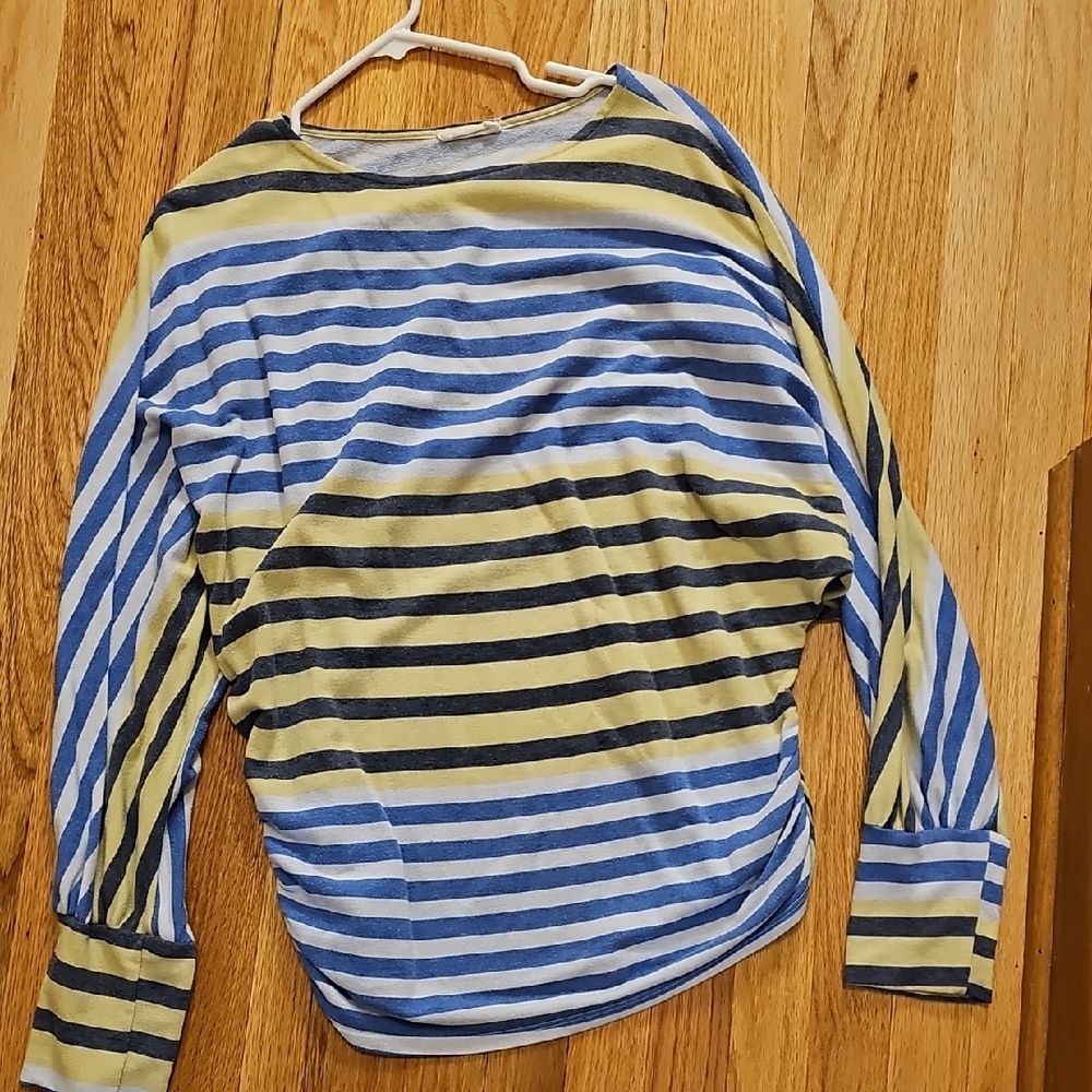 Striped Long Sleeve Top with cinch waist - Blue, Yellow, Grey